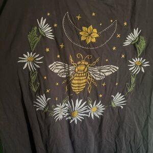 Embroidered Bee and Floral Black Top